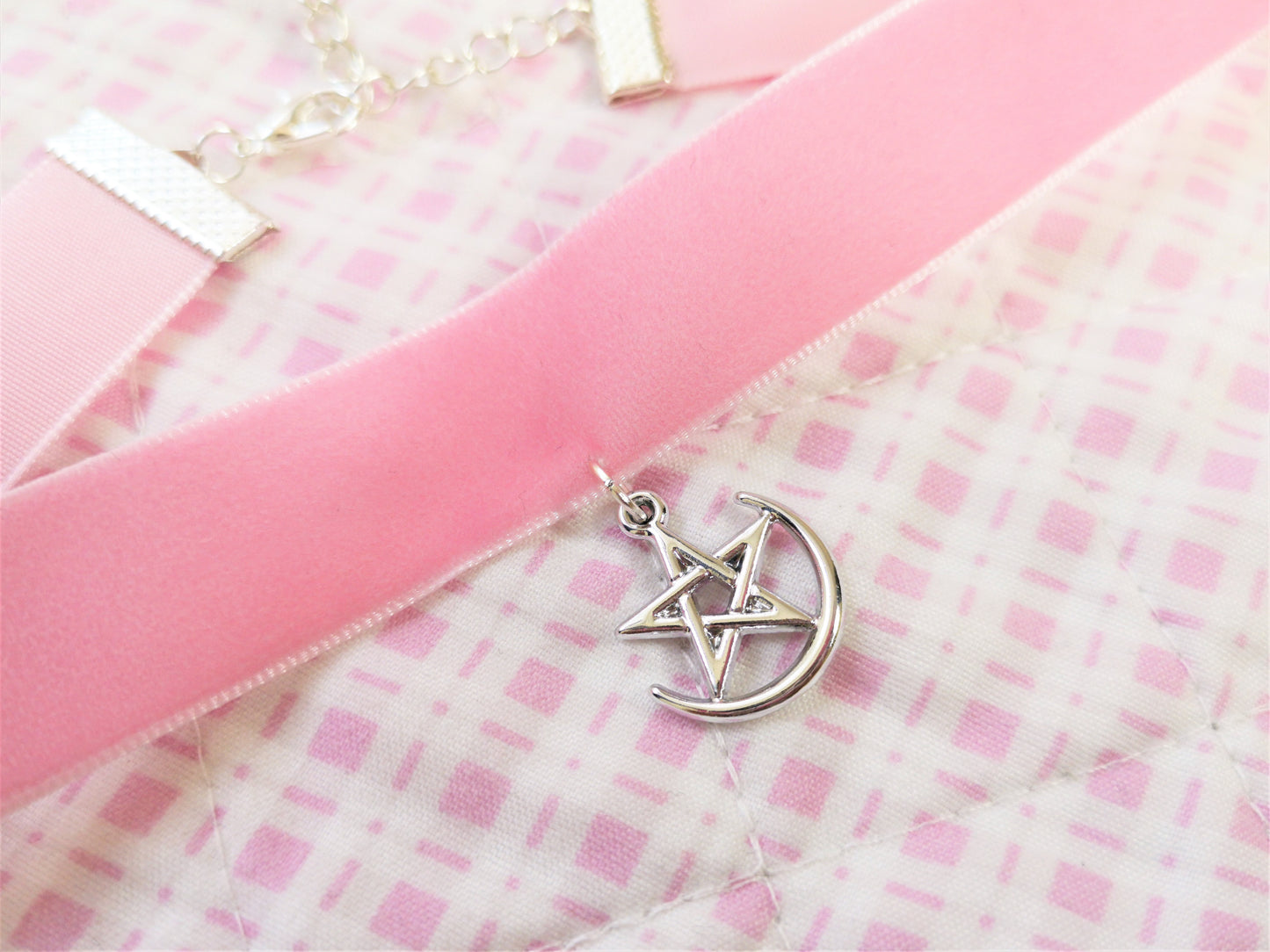 Pentagram Moon Grunge Pagan Goth Pink Velvet Choker
