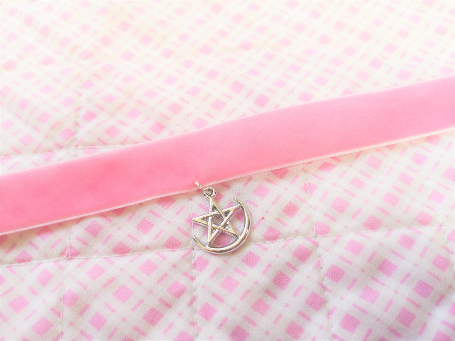 Pentagram Moon Grunge Pagan Goth Pink Velvet Choker