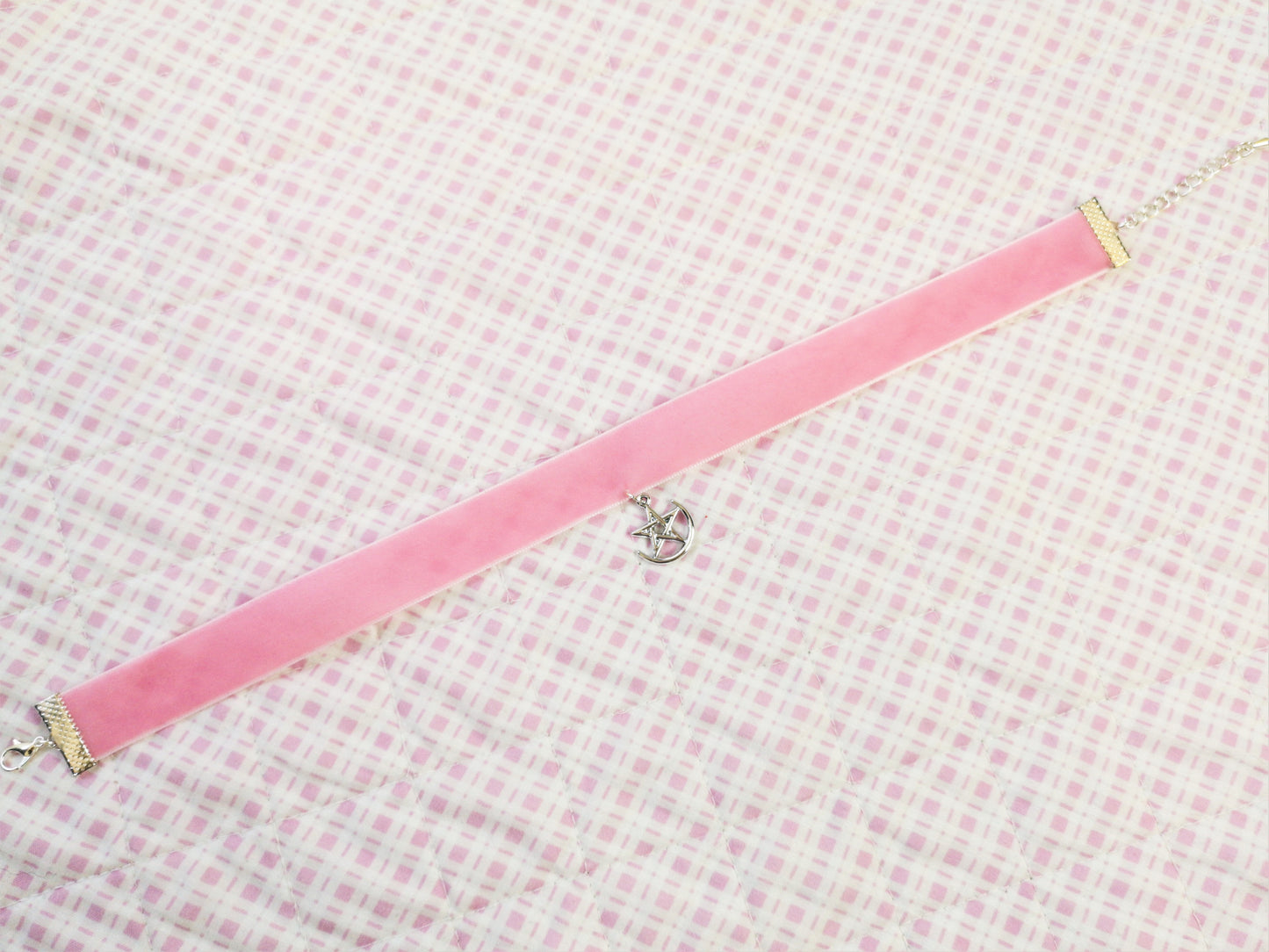 Pentagram Moon Grunge Pagan Goth Pink Velvet Choker