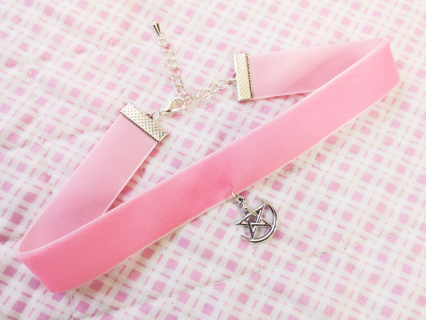 Pentagram Moon Grunge Pagan Goth Pink Velvet Choker