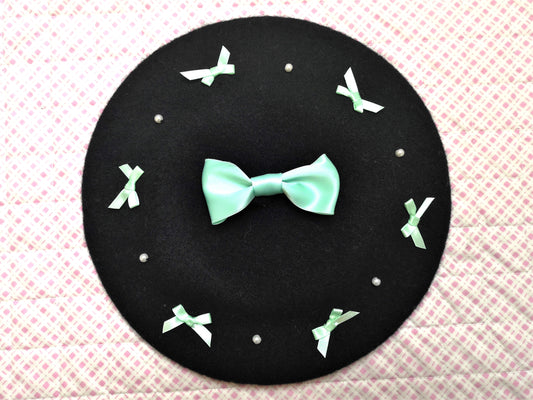 Black Kawaii Lolita Beret with Mint Ribbon Bows