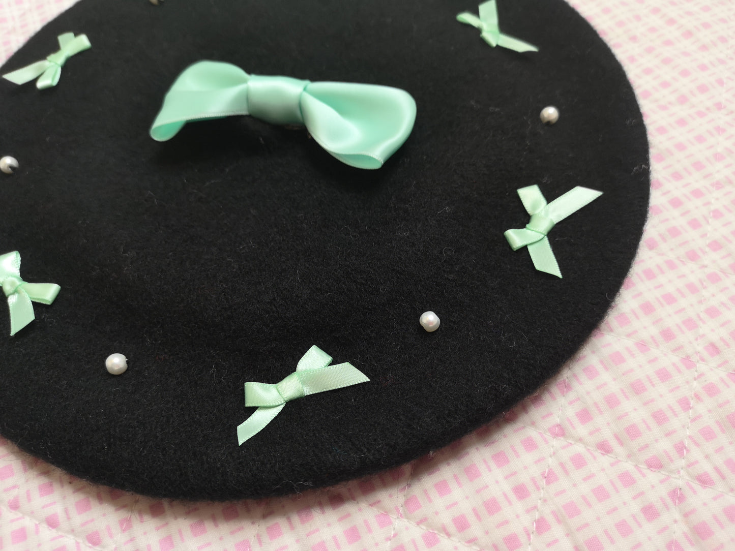 Black Kawaii Lolita Beret with Mint Ribbon Bows